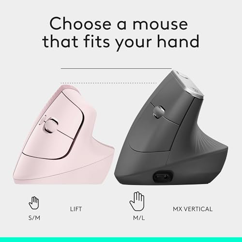 Logitech Lift Vertical Ergonomic Wireless Mouse - Rose | Connect via Bluetooth or included Logi Bolt USB-A receiver, quiet clicks, 4 of 6 buttons customizable, Windows Mac compatible - color: Rose, style: Right-Handed