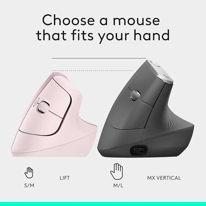 Logitech Lift Vertical Ergonomic Wireless Mouse - Rose | Connect via Bluetooth or included Logi Bolt USB-A receiver, quiet clicks, 4 of 6 buttons customizable, Windows Mac compatible - color: Rose, style: Right-Handed