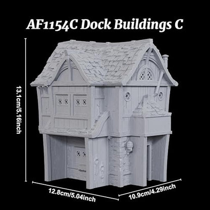 AUSPDICE DND Terrain, 25mm 도크 빌딩, TTRPG 하버 디스트릭트 풍경 | 1:64 던전 앤 드래곤을 위한 도색되지 않은 스톤 및 목재 멀티 레벨 판타지 빌딩, 테이블 탑 RPG 및 워게임-AF1154C - color: Af1154c Dock Buildings C