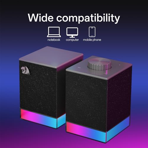Redragon GS517 RGB PC Gaming Speaker, BT 5.3 & USB Dual Connectivity | 2.0 Stereo Enhanced Sound Desktop Computer Speaker, 8 RGB Lighting Effects, Touch Controls & Volume Knob, Sleek Design