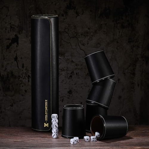 Leather Dice Cup Set, 10 Black Cups, 50 Dice with 2 Storage Travel Cases | 2 PU leather dice sets with Quiet Felt-Lined cups and cases for Liar’s Dice, craps, backgammon and party games - color: 2 Pack Black