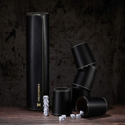 Leather Dice Cup Set, 10 Black Cups, 50 Dice with 2 Storage Travel Cases | 2 PU leather dice sets with Quiet Felt-Lined cups and cases for Liar’s Dice, craps, backgammon and party games - color: 2 Pack Black