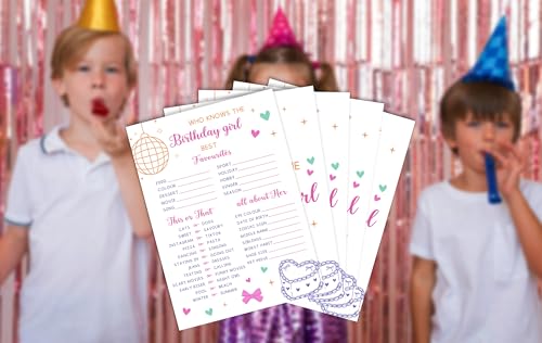 Birthday Party Card Games, Pink Bow Disco Ball Themed Who Knows The Birthday Girl Best Game Cards, Fun Sleepover Party Game For Kids Adults, Fun Girls Night Activities Supplies, 05 - color: Who Knows The Birthday Girl Best