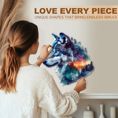Wooden Puzzles for Adults, Aurora Wolf Jigsaw Puzzles, 190 Piece Unique Shaped Puzzle, Animal Shape Puzzle, Gifts for Adults/Friends/Family, Family Game，Wall Decor(13.4 * 12.9in) - size: Large