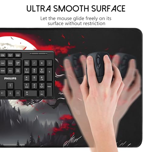 FreeNook Large Gaming Mouse Pad, Anime Black Mousepad with with Non-Slip Base, Expanded Cool Desk Mat, Mountain Moon Scenery XL Keyboard Mat Suitable for Home Office,35.4 X 15.7 Inch - color: Trees Mountains, size: 35.4L x 15.7W inches