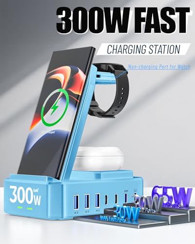 300W Wireless Charger for Samsung,Zutspzss 10 in 1 Wireless Charging Station, 65W USB C Fast Charging Stand for Samsung S25 Ultra/S24/S23/S22/Z Fold,Galaxy Watch Ultra7/6/5,Galaxy Buds,Blue - color: Blue