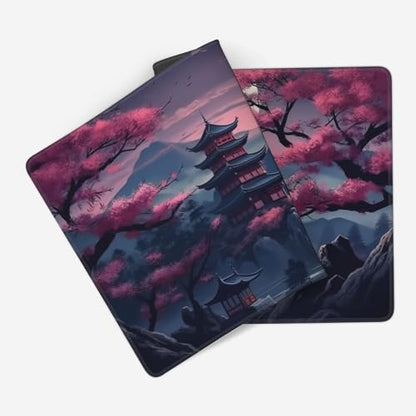 Japanese Landscape Gaming Mouse Pad, 35.4 x 15.7 inches, Extended Desk Mat with Non-Slip Base, Cherry Blossom Design - color: Pink Mountain Night View