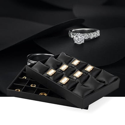 Oirlv Black Leather Watch Organizer Tray for Desktop Display | Smooth leather surface, 13.78×9.45×1.97in, large capacity, ideal for watch storage, desktop display & jewelry showcase - style: P01709