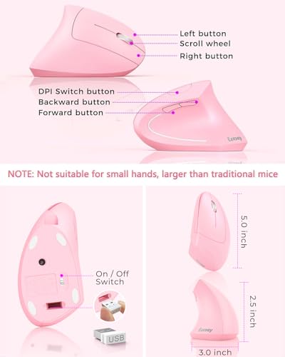 Lekvey Ergonomic Mouse, Vertical Wireless Mouse, Rechargeable 2.4 GHz USB Optical Carpal Tunnel Mice : 800/1200 / 1600 DPI, 6 Buttons, for Laptop, PC, Mac, Computer, Desktop, Notebook etc, Pink - color: Pink