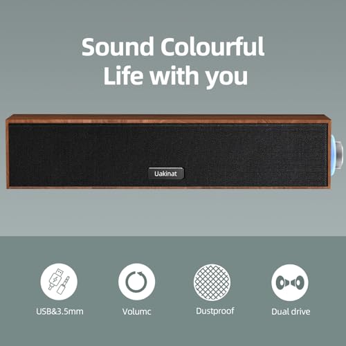 Uakinat Computer Speakers,Wooden Multimedia Digital Speaker,USB Powered 3.5mm AUX PC Speakers,Surround Sound Portable Computer Sound Bar Speaker for Desktop Laptop (Brown)