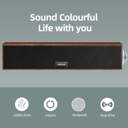 Uakinat Computer Speakers,Wooden Multimedia Digital Speaker,USB Powered 3.5mm AUX PC Speakers,Surround Sound Portable Computer Sound Bar Speaker for Desktop Laptop (Brown)