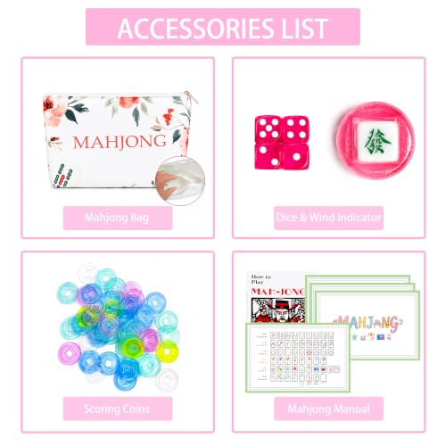 160 Engraved American Mahjong Tile Set Summer Design 1.2" Pink Melamine with Portable Storage Bag and Accessories, 1.2" Mahjong Game Set Cute Design