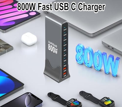 800W USB C Charger, 140W GaN Charger, 10-Port 100W/65W Fast Charging Station Compatible with MacBook Pro 16, HP, ASUS Laptops, iPad, iPhone 16 Pro Max/15, Samsung Galaxy S24/S23, Steam Deck and More
