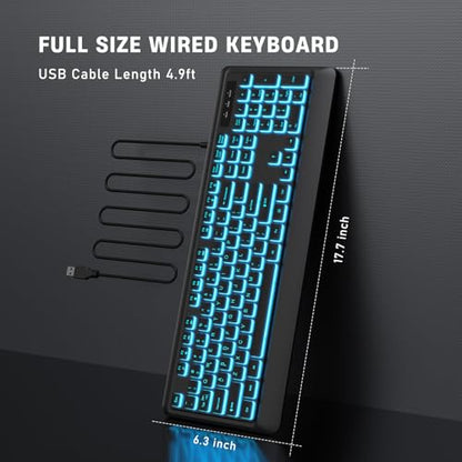 Luzarriba Backlit Computer Keyboards, Wired USB LED Keyboard with 7 Colors Backlight, Plug and Play, Waterproof, Full Size Quiet Computer Keyboard for Windows Desktop, PC, Laptop, Gaming - size: Medium