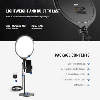 NEEWER Basics 2 Pack 10.5" Desktop LED Ring Light with Stand for Desk/Phone Holder, 3000-6500K Full Screen 15W Panel Lighting for iPhone Recording Streaming Selfie Laptop Webcam Video Conference, R10