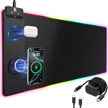 Mouse Pad with Magnetic Wireless Charging, Large Desk Pad Protector, RGB Black Desk Mat with 15W Fast Charger, Non-Slip Waterproof Mousepad for Office Home Gaming - color: Black Magnetic Charging XL with 20W Adapter