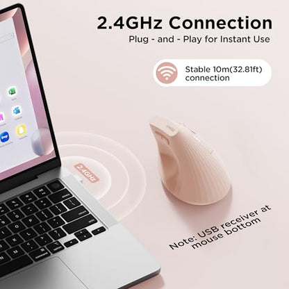 Uineer Ergonomic Vertical Mouse, 2.4G Wireless Mouse, Rechargeable, 4-DPI | Right-handed vertical design with 2.4G USB-A connection, rechargeable battery and visible battery level. - color: Pink