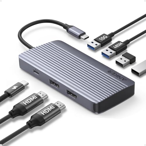 Anker 7-in-1 USB-C Hub, Dual Monitor USB C Docking Station, Dual HDMI Display, 85W Max Output, 10Gbps Data Transfers for Dell XPS, ThinkPad T14 Gen2 and More | 85W Max PD, 1 USB-A 10Gbps and 3 USB 2.0 Data Ports, Dual 4K HDMI, for Dell XPS, ThinkPad T14 G
