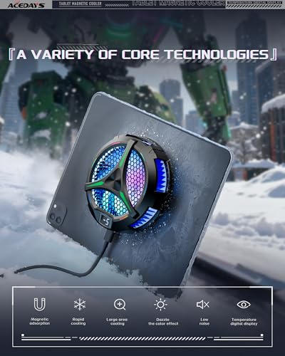 ACEDAYS Magnetic Cooler for iPad,Tablet Cooler for ipad/Surface pro/Samsung Tab,Universal Radiator with Temperature Display for Mobile Gaming,Tiktok Live Streaming (Green Mech)