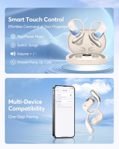 Ultra Open Ear Headphones, Over Ear Bluetooth Bone Conduction Earbuds | Bluetooth 6.1, LED Digital Display, 60H Playtime, IP55 Waterproof, Secure Earhooks for Running, Cycling & Workout - color: Light khaki