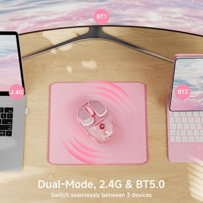 SEUNKWANG Q9 Transparent Wireless Mouse with RGB Lighting, Compact Multi-Device Bluetooth & 2.4G Computer Mouse, Rechargeable, Quiet Clicks, 4800 DPI Cute Mice for Laptop, PC, Mac, iPad - Pink - color: Pink