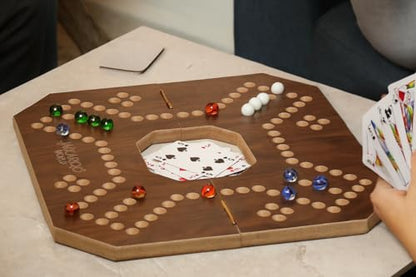 Jackaroo Board Game, 2-4 Player Marble Chase Board Game, Solid Wooden Game with 16 Glass Marbles and 52 Cards, Marble Strategy Game, Jokers and Marbles Game Foldable Board with Carry Bag (Walnut) - color: Walnut