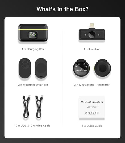 Hingso Wireless Lavalier Microphone for iPhone, Android, 48khz, 50Hrs Battery, Noise Cancellation, Magnetic Clip iPhone Microphone for Video Recording, Streaming, Vlogging