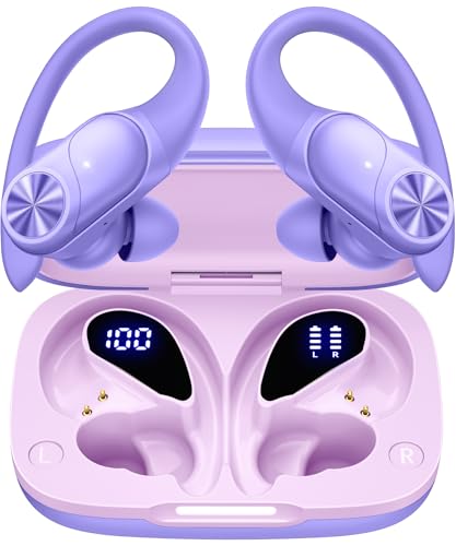 PocBuds Bluetooth Headphones Wireless Earbuds 80hrs Playtime Wireless Charging Case Digital Display Sports Ear buds with Earhook Deep Bass IPX7 Waterproof Over-Ear Earphones for TV Phone Laptop Purple - color: Purple, style: Standard