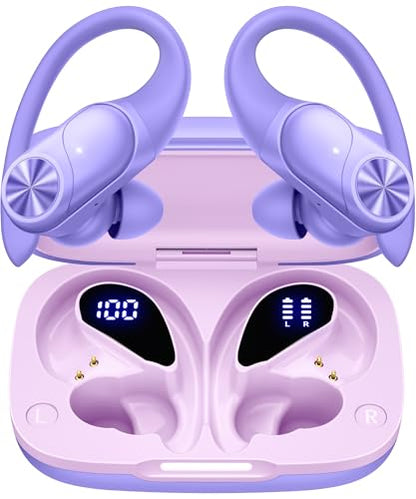 PocBuds Bluetooth Headphones Wireless Earbuds 80hrs Playtime Wireless Charging Case Digital Display Sports Ear buds with Earhook Deep Bass IPX7 Waterproof Over-Ear Earphones for TV Phone Laptop Purple - color: Purple, style: Standard