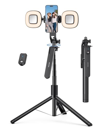 TECKNET 71" Selfie Stick Tripod for Phone with Light, Portable Extendable Cell Phone Tripod Stand with Wireless Remote and Phone Holder, with Wireless Remote Control for iPhone/Android/Camera - color: Light Black