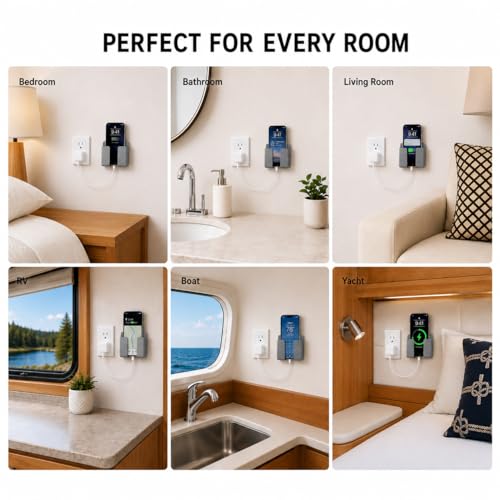 Wall Phone Holder, Adhesive Phone Wall Mount with Cable Hole, Bathroom Bedside Kitchen RV Phone Holder Compatible with iPhone, Android Phones and Remote Controls (Gray) - color: Gray