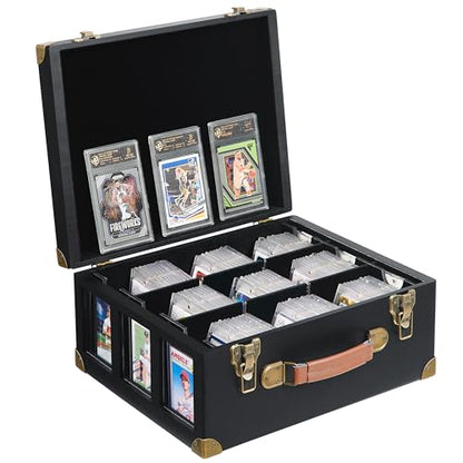 Poyilooo Graded Card Storage Box with Display Window, Wood Card Case for 140+ Cards PSA BGS FGS & SGC, Sports Cards Trading Cards, Graded Card Slab Carrying Cases (Black) - color: Black