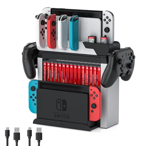Switch Game Storage with Controller Charger for Nintendo Switch & OLED Model, MLIFEMFUL Switch Charging Dock Charges 6 Joycons, Switch Gaming Accessories Holder Desk, Switch Game Gift Card Organizer - color: Black ＆ White