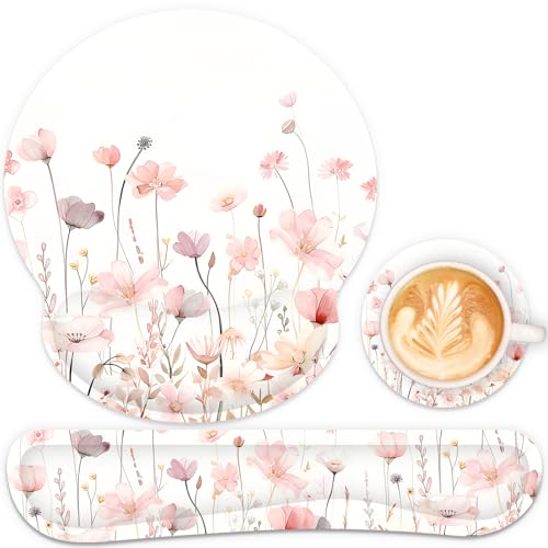 Ergonomic Mouse Pad with Wrist Rest and Keyboard Wrist Rest, Mousepad and Wrist Rest for Computer Keyboard, Non-Slip Rubber Base, Mouse Pad Wrist Support for Gaming, Office, Pink Watercolor Flower - color: Pink Watercolor Flowers