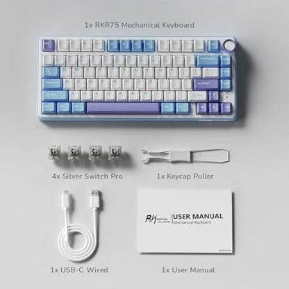 RK ROYAL KLUDGE R75 Mechanical Keyboard Wired with Volume Knob, 75% Custom Gaming Keyboard Gasket Mount RGB Backlit with Software, Cherry Profile, Hot Swappable Silver Switch, PBT Keycaps - color: purple