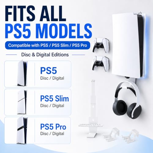 Heavy-Duty Steel Wall Mount Kit Compatible with PS5 Slim, Pro and Original | Secure EVA-padded support, complete install kit, easy setup, open airflow, holders for 2 controllers and headset - color: White