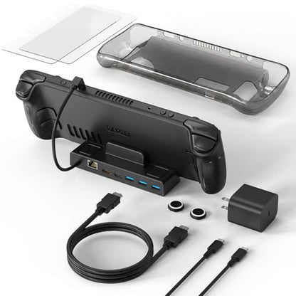 Steam Deck Dock, All-in-One Accessories Bundle for Steam Deck | 4K@60Hz Docking Station, 65W Fast Charger, USB C & HDMI Cable, Protective Case, Screen Protectors & Thumb Grips