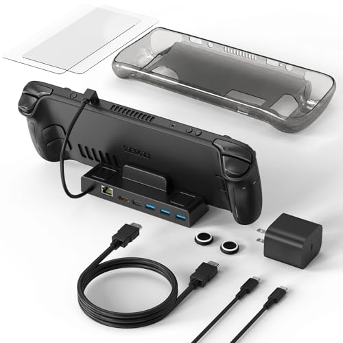 Steam Deck Dock, All-in-One Accessories Bundle for Steam Deck | 4K@60Hz Docking Station, 65W Fast Charger, USB C & HDMI Cable, Protective Case, Screen Protectors & Thumb Grips