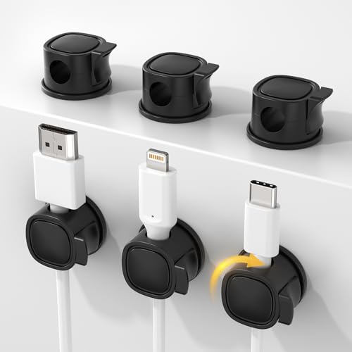 Rotatable Cord Organizer 6Pack, Spring Cable Clips With Clasp Lock, No-Residue Adhesive Cable Organizer, Cord Holder for Nightstand Car Home Office (Black)