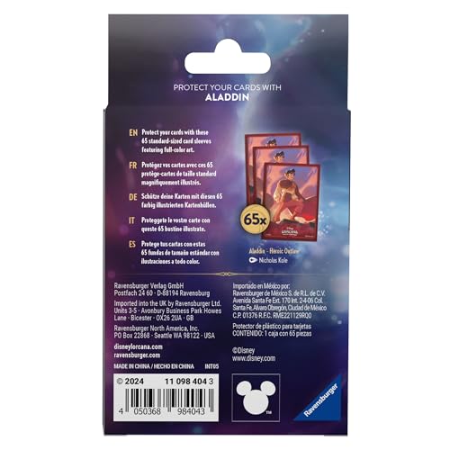 Ravensburger Disney Lorcana TCG Card Sleeves Featuring Aladdin – Heroic Outlaw by Nicholas Kole | 65 Protective Sleeves for TCG Decks | Ages 8+
