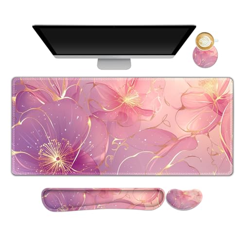 Desk Mat Pad, Gaming Mouse Pad Wrist Support Set, 4 in1 Non-Slip Large Mousepad + Ergonomic Keyboard Wrist Rest+Mouse Wrist Rest+Coaster for Home Office Computer I Pink Purple Gold Floral - color: Pink Purple Gold Floral