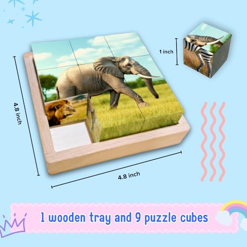 6-in-1 Wooden Animal Puzzle – Montessori Cube Toy for Kids – Realistic African Safari Animals Educational Wood Blocks for Toddlers Ages 3–6 - style: African Safari Animals
