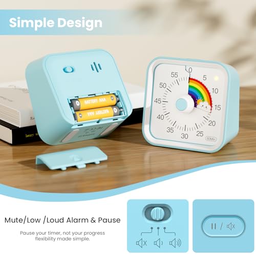 Visual Timer for Kids, Rainbow Timer with Pause Function, Blue | Cute Silent Timer for Classroom, ADHD, Kitchen, Toddlers, Study, Alarm 3 Volume Levels, Light Indicator, Easy to Use - color: Rainbow Blue