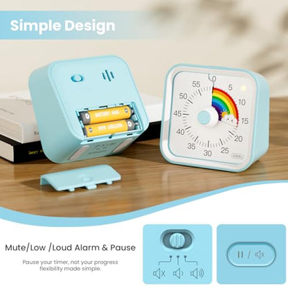 Visual Timer for Kids, Rainbow Timer with Pause Function, Blue | Cute Silent Timer for Classroom, ADHD, Kitchen, Toddlers, Study, Alarm 3 Volume Levels, Light Indicator, Easy to Use - color: Rainbow Blue