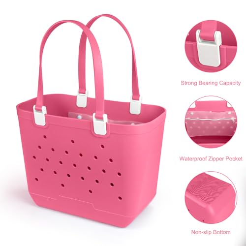 X-Large Rubber Beach Tote Bag, 18.9 "L x 9.4 "W x 13.8 "H Waterproof EVA Beach Totes with Zipper Pocket - color: Hot Pink