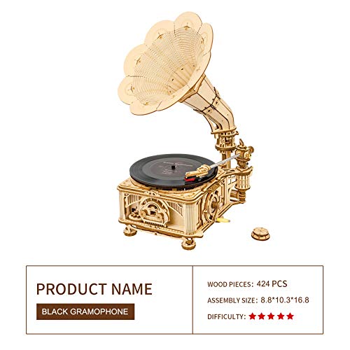 ROKR 3D Wooden Puzzles Gramophone for Adults - DIY Mechanical Model Kit 1:1 Replica Record Player Support 7"/10" Vinyl Building Gift Hobbies for Adults Home Decor