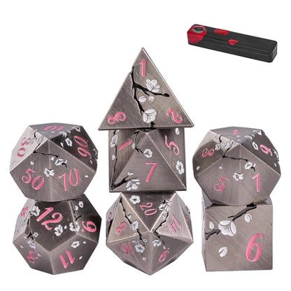 UDIXI Metal DND Dice Set, 7PCS Metal Polyhedral Dice Set Nickel for D&D RPG | White Flower, Metal Case Packaging, Heavy Metal Dice, D&D Gift, for Dungeons and Dragons Role Playing Games Tabletop Games - color: Flower/Nicklepink