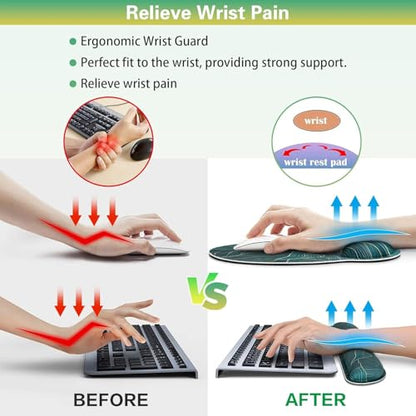 Mouse Pad with Wrist Rest Set, 3-in-1 Wrist Support Mousepad | Gaming Mat Pad with Anti-Skid Base,Ergonomic Mouse Pad Green,Memory Foam Gel Wrist Rest for Computer Keyboard - color: Golden Green Palm Leaves