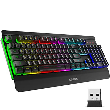 Gaming Keyboard Wireless, Light Up LED Backlit, Rechargeable Keyboard 50 Hours Battery Life & Sleep Mode & Indicators, Quiet, Ergonomic Metal Wrist Rest for PC Computer Gamer - 2.4G USB, Black