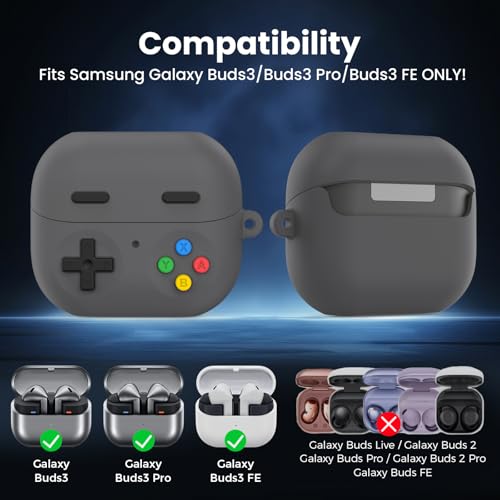 Delidigi Retro Gaming Case Compatible with Samsung Galaxy Buds 3 FE (2025)/Pro and Galaxy Buds 3（2024,Silicone Game Console Style Earbuds Case Accessories with Carabiner and Cleaning Kit - color: Deep Grey, size: Galaxy Buds3 FE (2025)/Buds3/Buds3 Pro